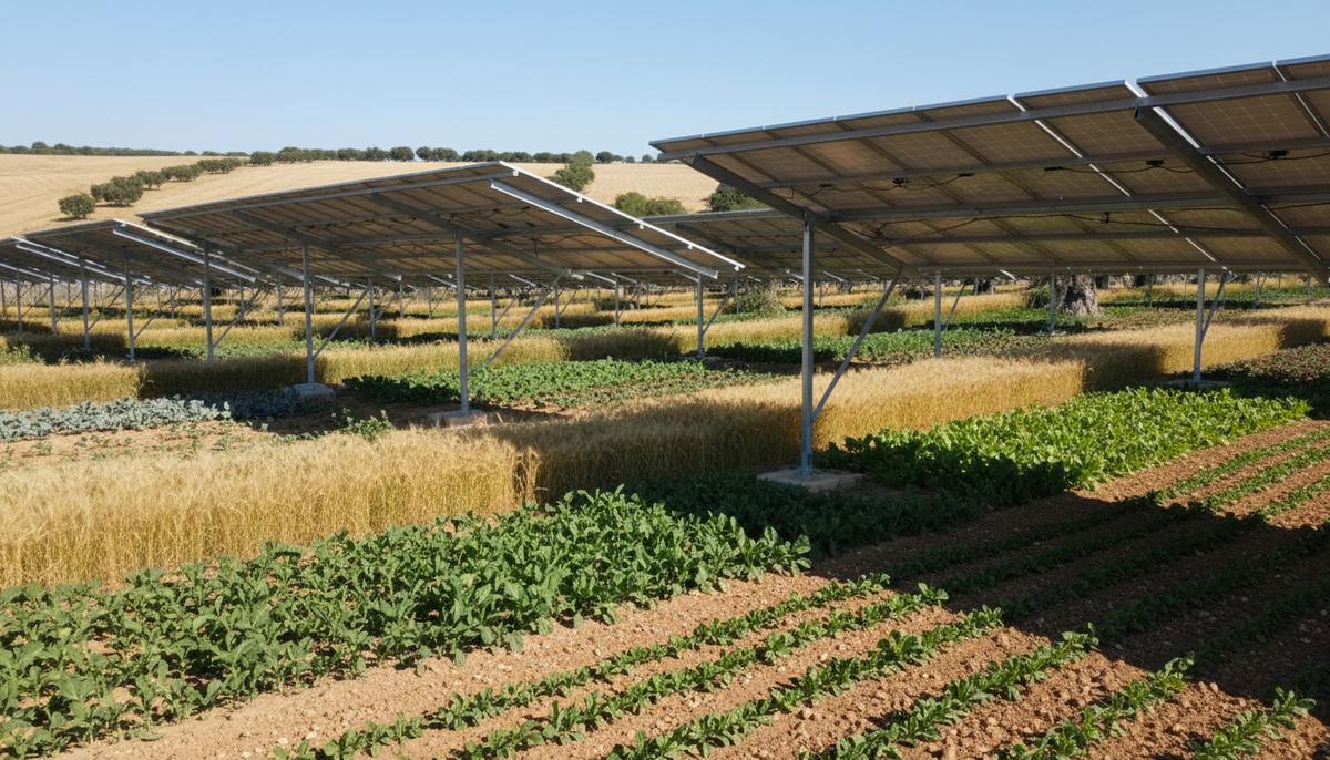 Солнечные панели агроэлектрической станции, установленные над зеленым полем в холмистой местности итальянского региона Пулья.