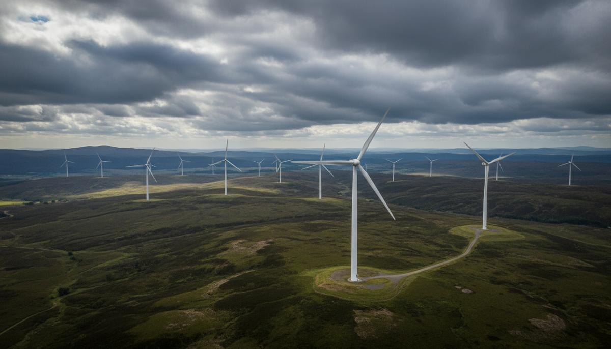 Мощные ветряные турбины на зеленых холмах ветропарка Bhlaraidh в Шотландии на фоне облачного неба.