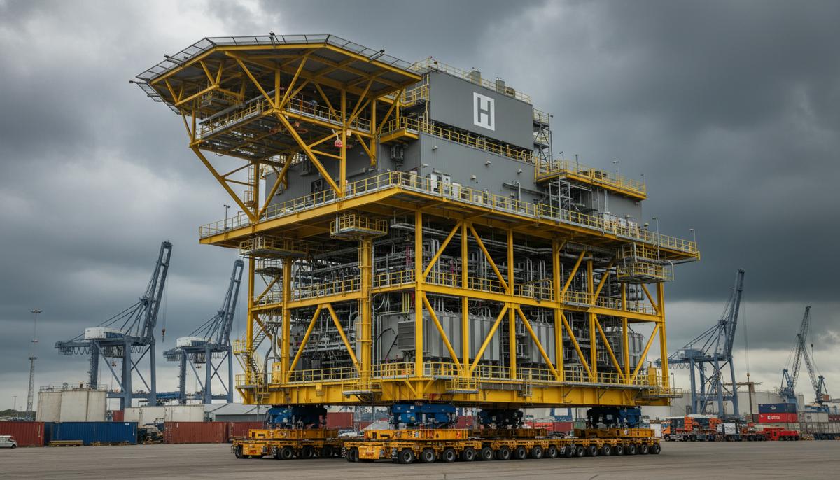 Массивная желтая морская подстанция Zingst на транспортерах в порту на фоне грузовых кранов.