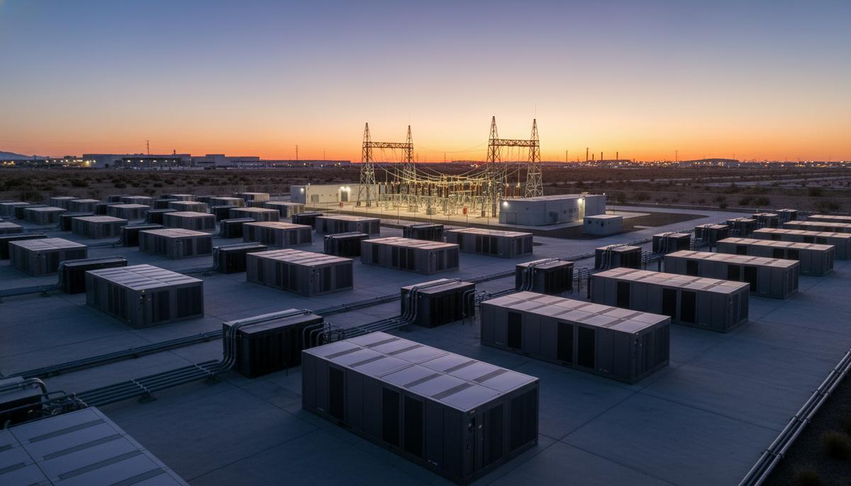 Новая СНЭЭ на 250 МВт: Drax заключает сделку с Fidra Energy Ряды контейнеров системы накопления электроэнергии (СНЭЭ) на промышленной площадке на закате, на заднем плане видна подстанция.