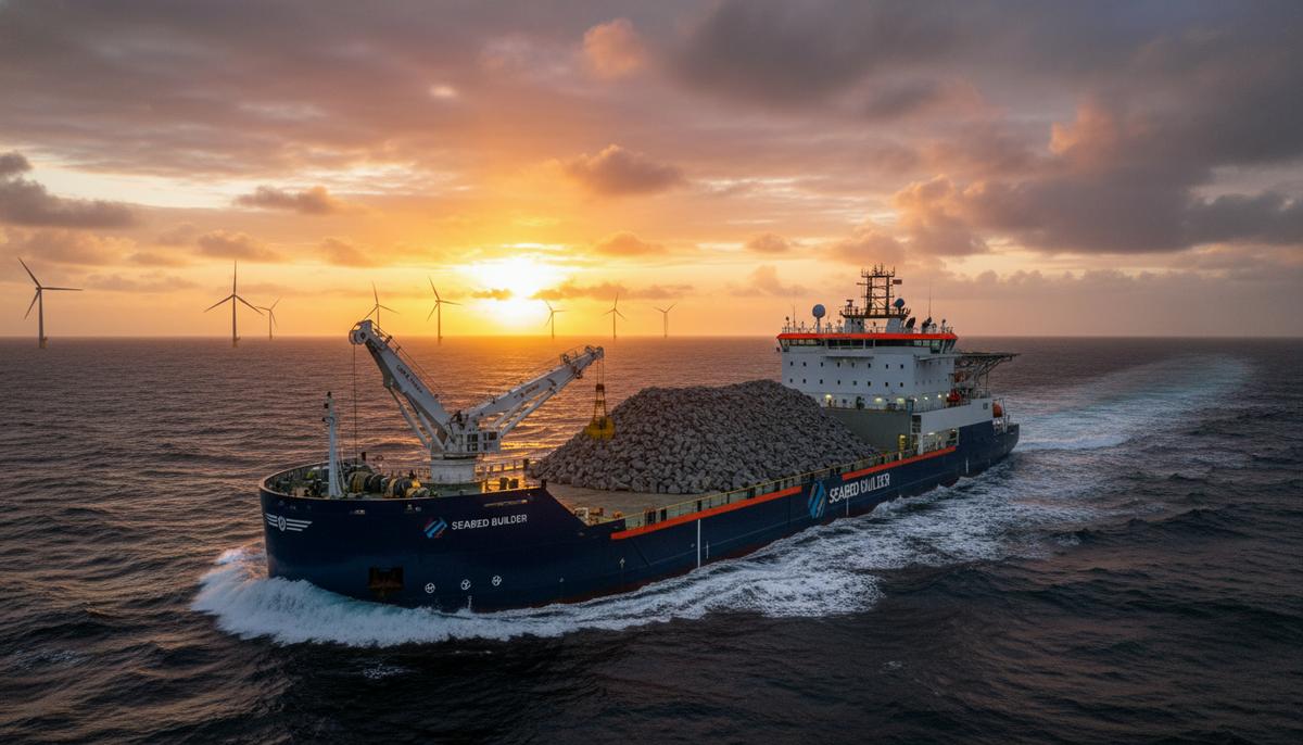 Огромное судно для подводных работ по отсыпке камня в открытом море на рассвете, на фоне силуэтов морских ветряных турбин.