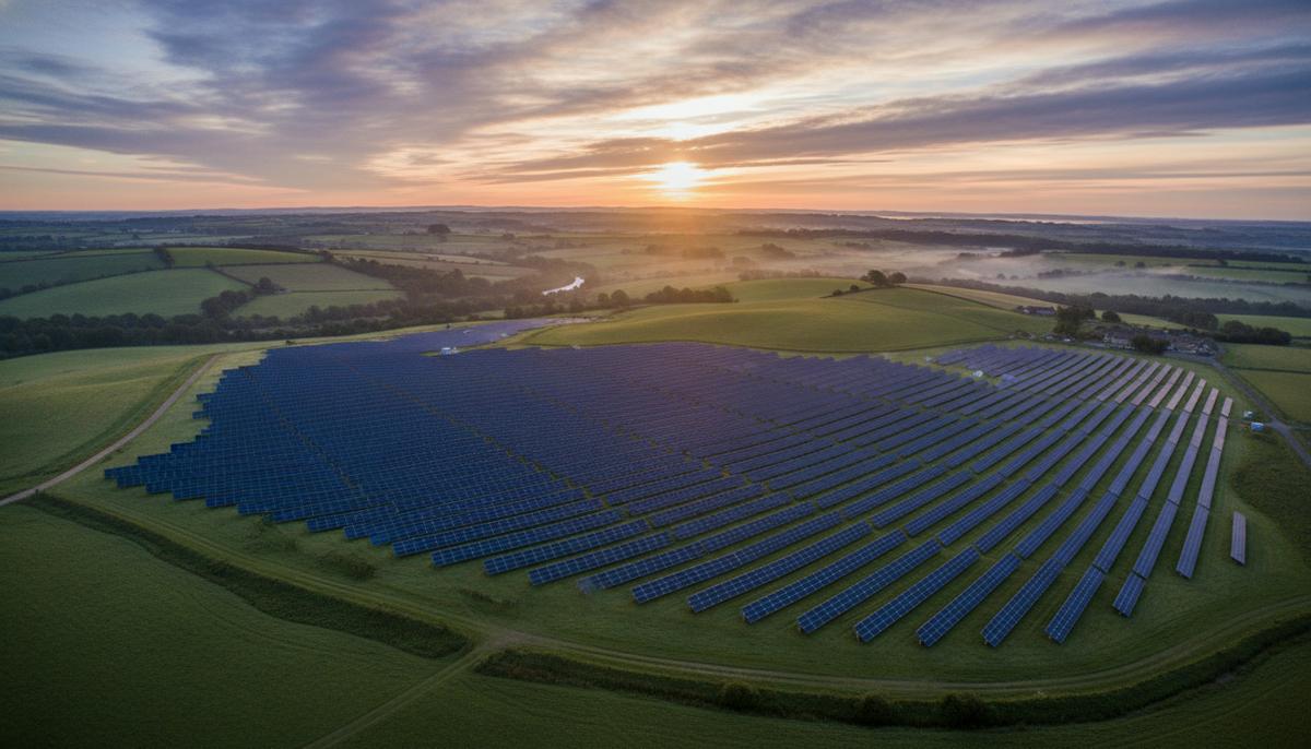 Солнечная электростанция с рядами фотоэлектрических панелей, расположенная на зеленых холмах Великобритании на рассвете.