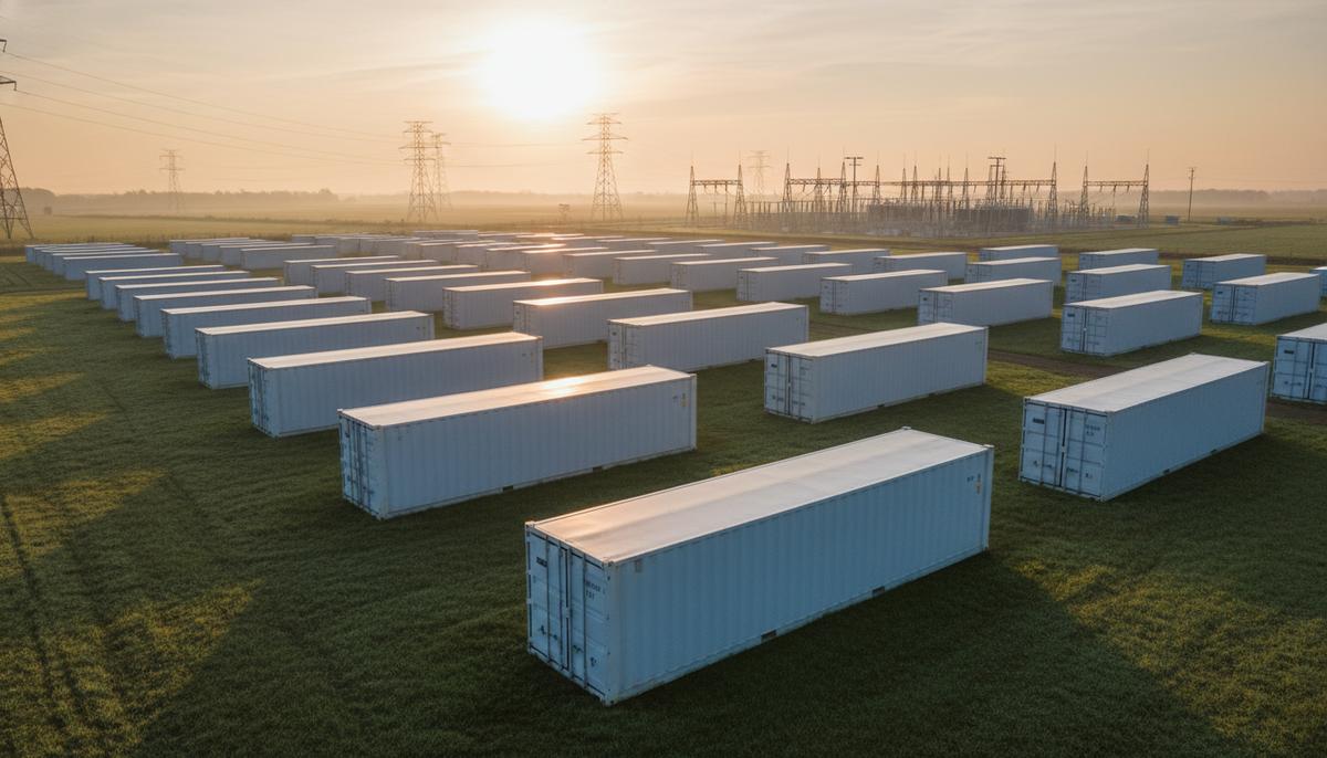 Промышленная система накопления энергии в виде рядов белых контейнеров в поле на фоне подстанции и линий электропередач.