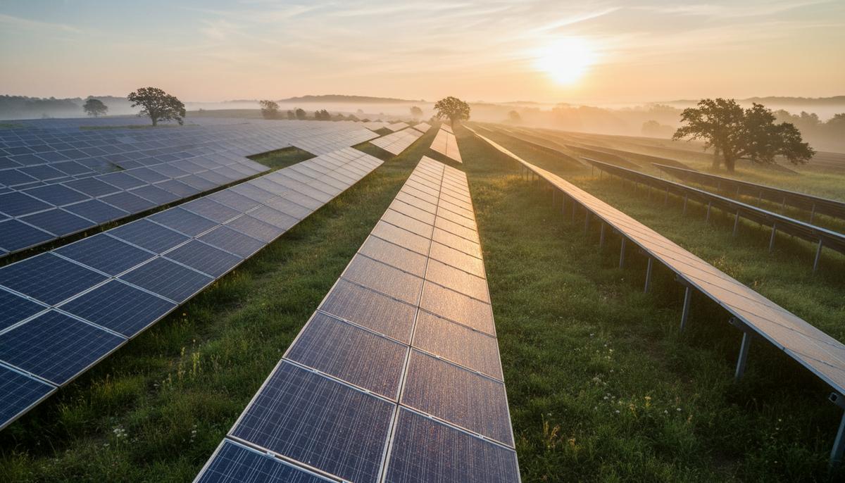 Огромная солнечная электростанция с рядами панелей, уходящими за горизонт, в лучах восходящего солнца. На панелях видна утренняя роса.