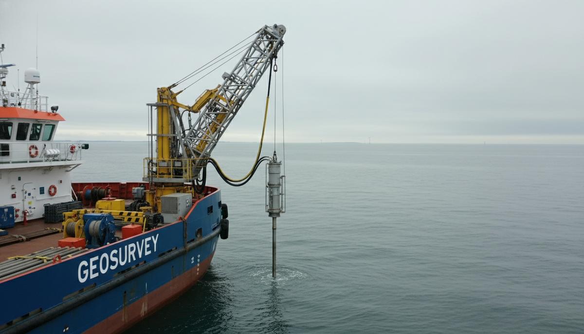 Специализированное судно для геотехнических исследований в Северном море, проводящее разведку морского дна для строительства ветропарка.
