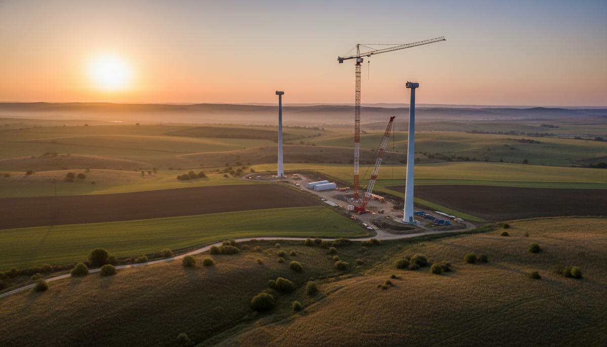 Наземные ветряные турбины на стадии строительства в поле региона Добруджа, Румыния, на фоне восходящего солнца.