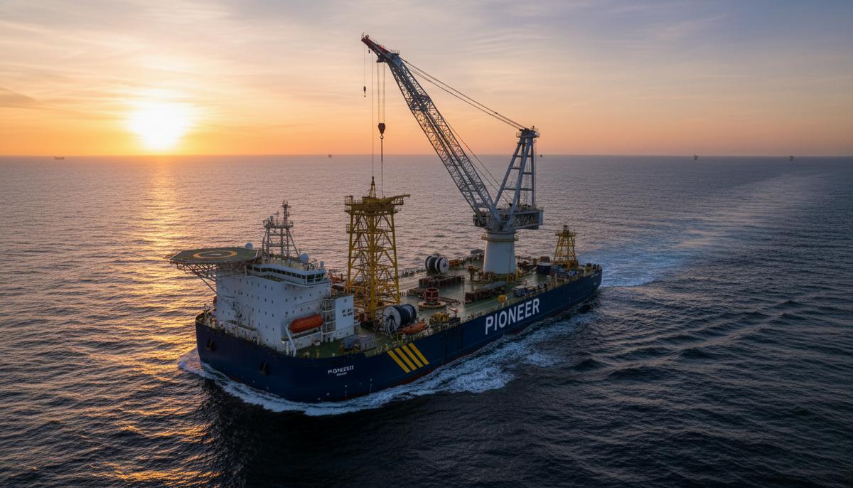 Большое судно для строительства морских ветропарков с мощным краном в открытом море рядом с основанием плавучей ветряной турбины.