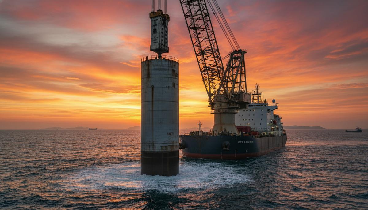 Фундаментная свая для морского ветрогенератора и установочное судно в море на этапе строительства ветропарка.