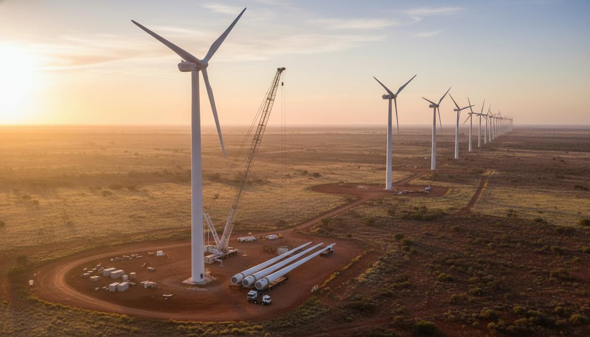 FairWind построит крупную ВЭС в Австралии: 50 новых турбин к 2026 году Строительство наземной ветряной электростанции в Австралии. Ряд ветрогенераторов на фоне восхода солнца, рядом с турбиной стоит монтажный кран.