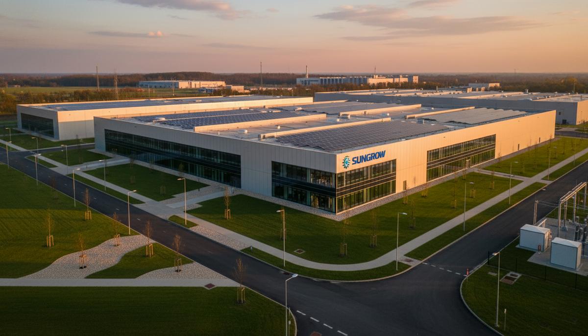 Завод Sungrow в Польше: €230 млн на инверторы и накопители энергии Современное здание нового завода Sungrow по производству инверторов и систем хранения энергии в промышленной зоне Польши.