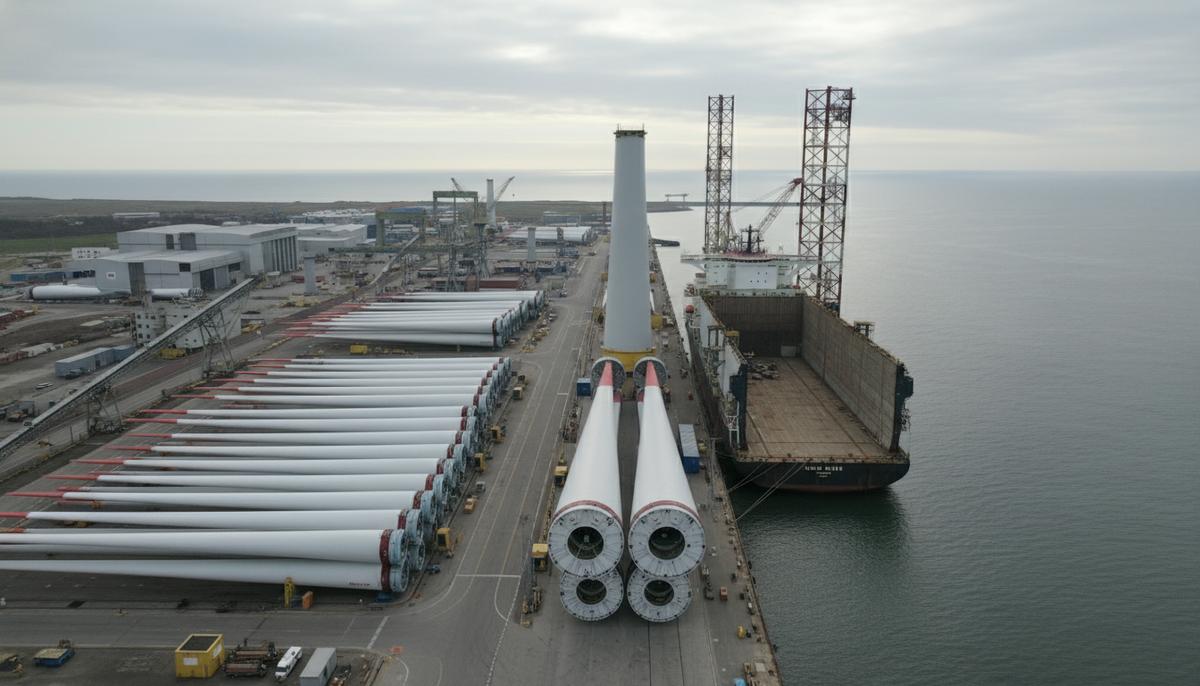 Британия инвестирует £1,2 млн в производство для морской ветроэнергетики Крупные компоненты морских ветряных турбин – лопасти и секции башен – на территории прибрежного завода, готовые к погрузке на судно.