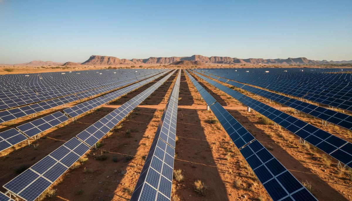 Бескрайнее поле солнечных панелей, уходящих за горизонт в засушливом пейзаже индийского штата Раджастхан в лучах утреннего солнца.