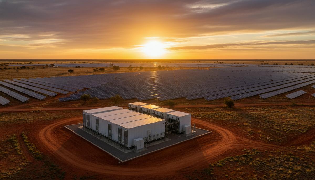 Солнечная электростанция с рядами панелей и большая система аккумуляторных батарей в австралийском пейзаже на закате.