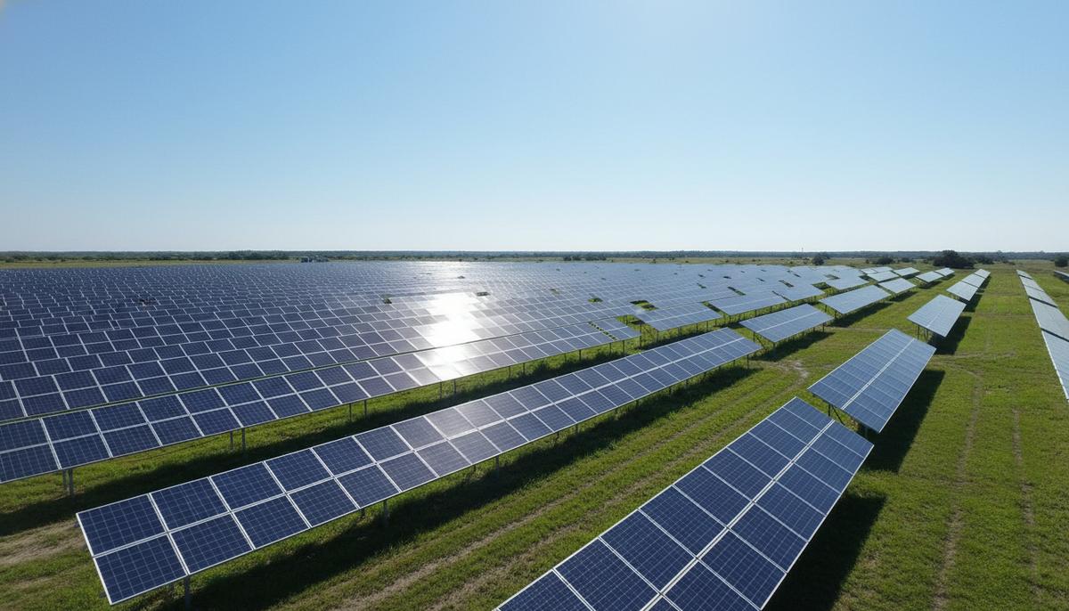 Огромная солнечная электростанция с рядами фотоэлектрических панелей, уходящими к горизонту, на фоне ясного неба.