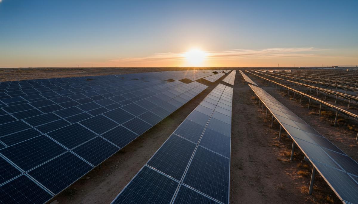 Бескрайнее поле солнечных панелей на крупной фотоэлектрической станции, простирающееся до горизонта под ясным небом.