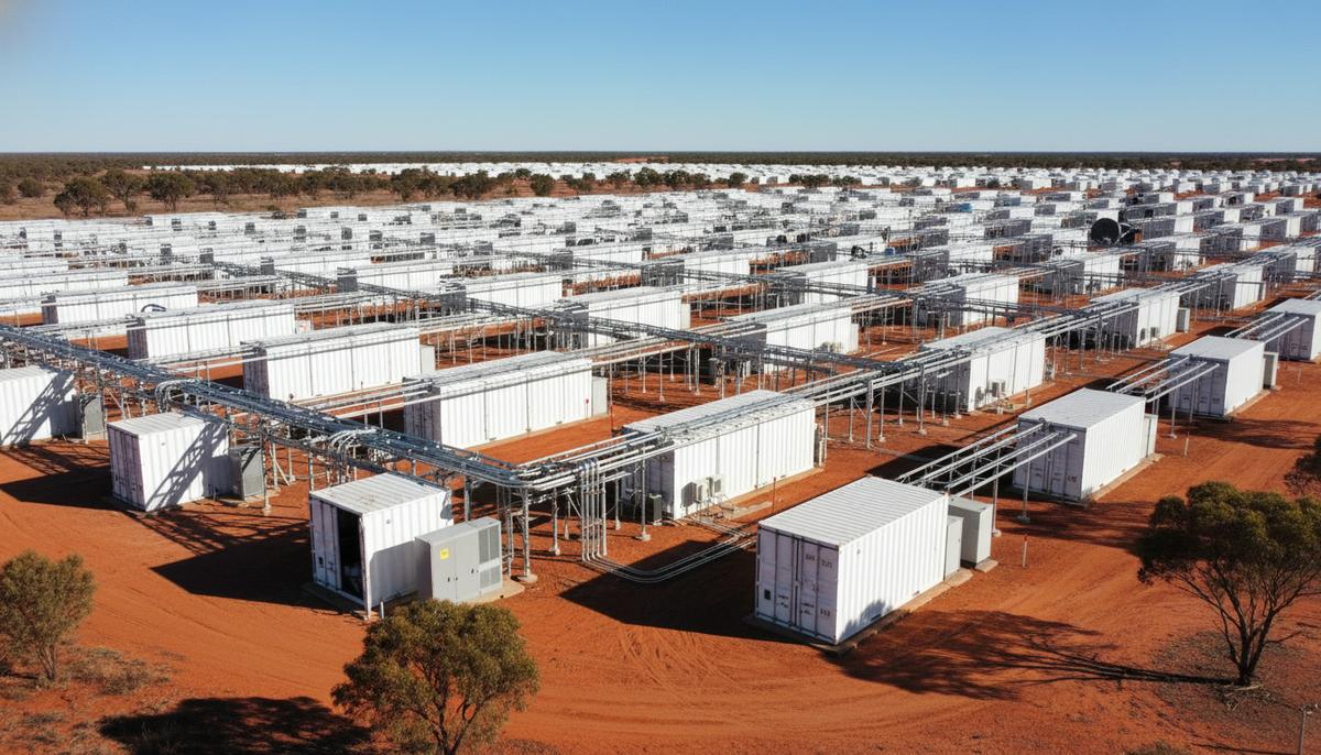 Масштабная система накопления энергии в Австралии: ряды белых контейнерных батарейных модулей на открытой площадке под чистым небом.