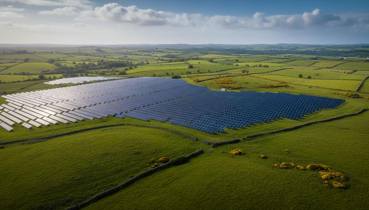 Крупная солнечная электростанция с рядами фотоэлектрических панелей на фоне зеленых холмов и облачного неба в Ирландии.