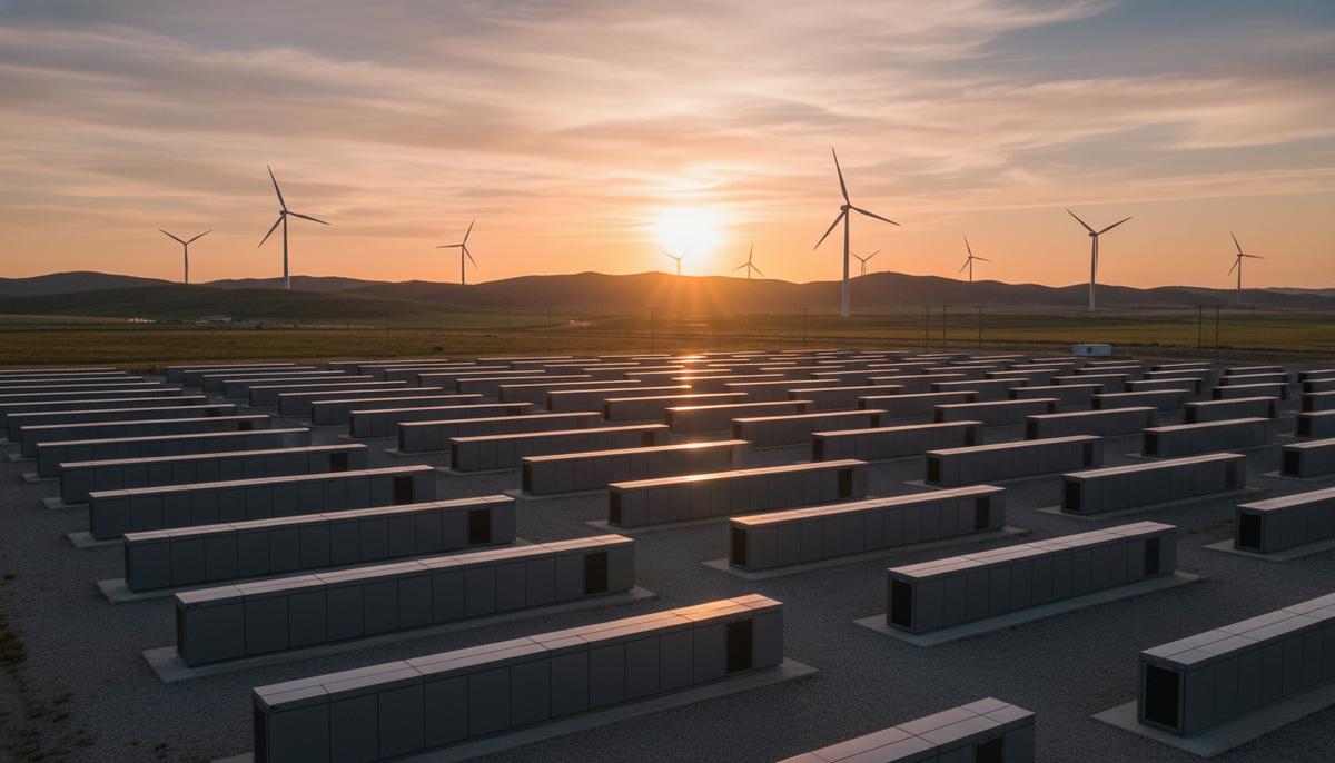 Ряды контейнеров аккумуляторной станции хранения энергии на фоне холмов с ветряными турбинами на закате.
