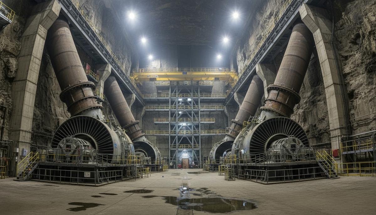 Огромная подземная пещера гидроаккумулирующей электростанции с массивными трубами, турбинами и бетонными конструкциями.
