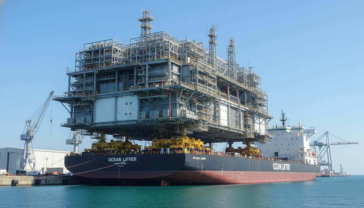 Огромная морская подстанция для ветроэлектростанции на верфи во время погрузки на транспортное судно с помощью специального оборудования.