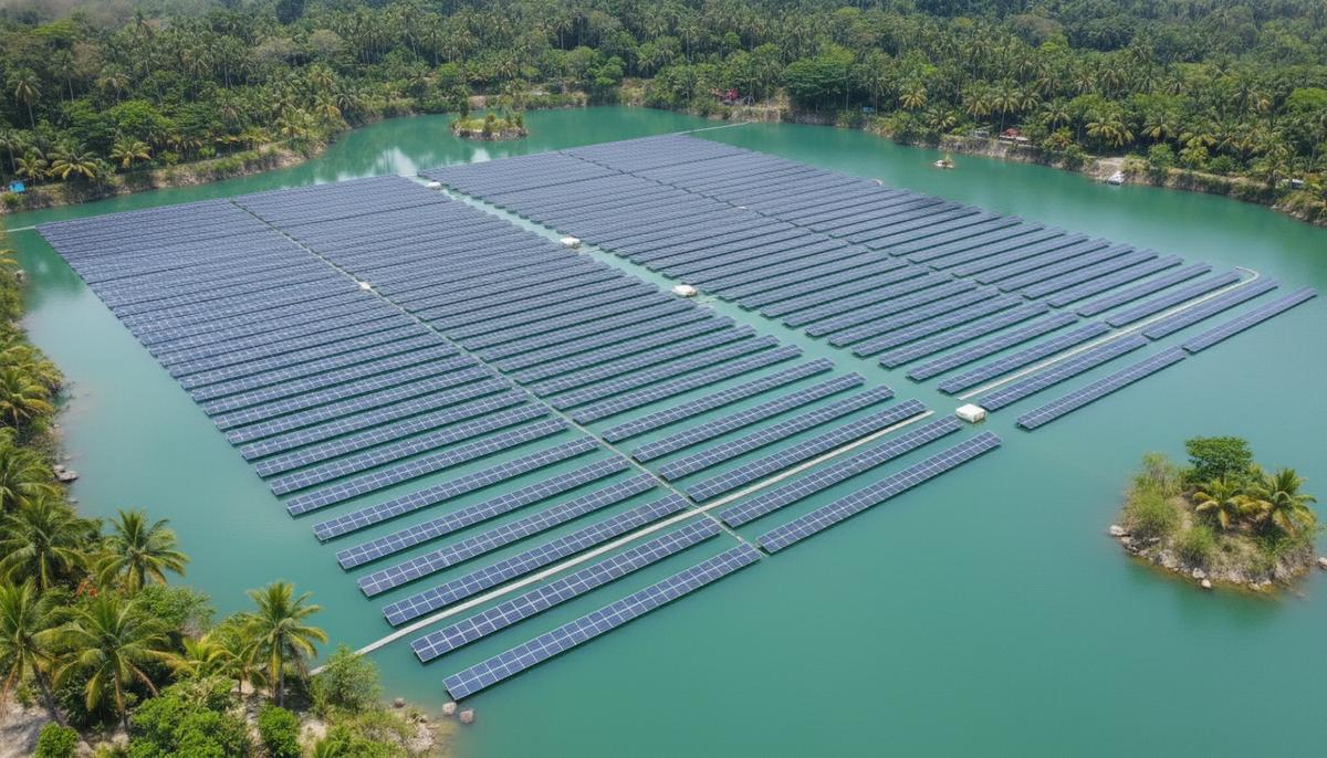 Ряды солнечных панелей на водной глади крупной плавучей электростанции в Малайзии, вид с воздуха.