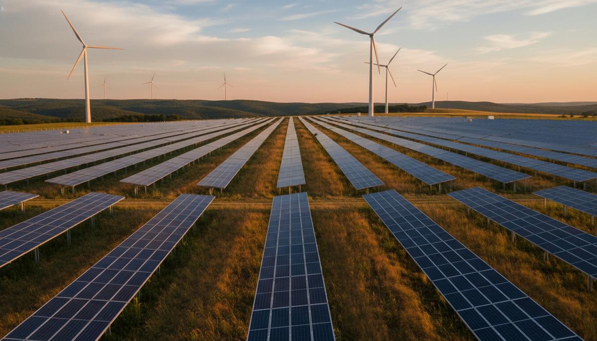 Поле с рядами солнечных панелей на переднем плане и ветряными турбинами на холмах на заднем плане в лучах заходящего солнца.