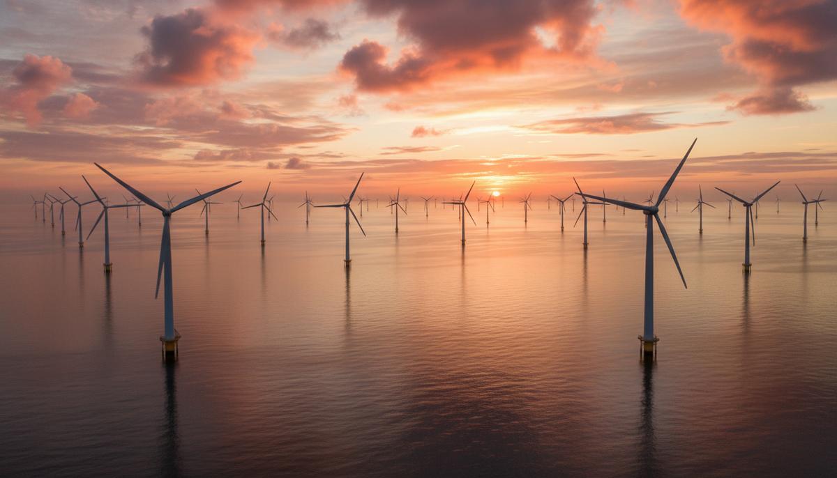 Морская ветроэлектростанция на рассвете, ряды ветряных турбин уходят за горизонт над спокойным морем.