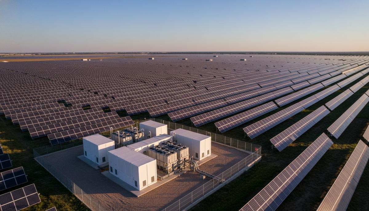 Солнечная электростанция с рядами фотоэлектрических панелей, уходящими за горизонт, и современным зданием системы накопления энергии.