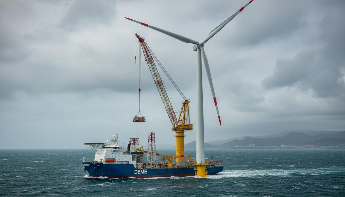 Специализированное судно-установщик с большим краном находится в открытом море рядом с высокой морской ветряной турбиной.