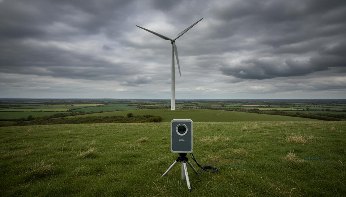Современная ветряная турбина на зеленом холме и наземный лидар для измерения скорости ветра в Великобритании.