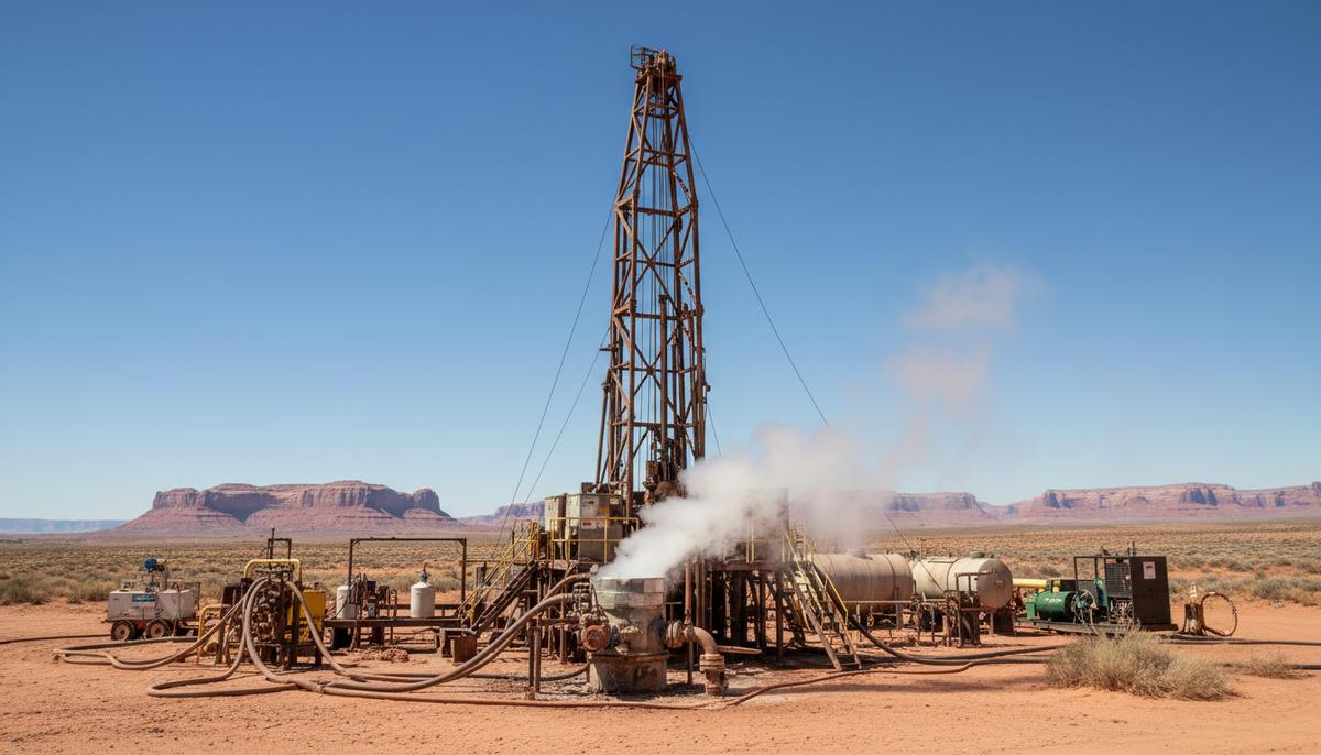 Геотермальная буровая установка на месторождении в пустынном ландшафте штата Юта, США. На переднем плане – устье скважины и промышленное оборудование.