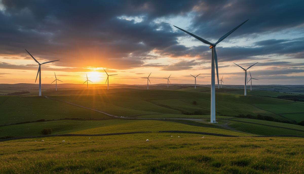 Наземные ветрогенераторы на зеленых холмах Южного Уэльса на фоне закатного неба.