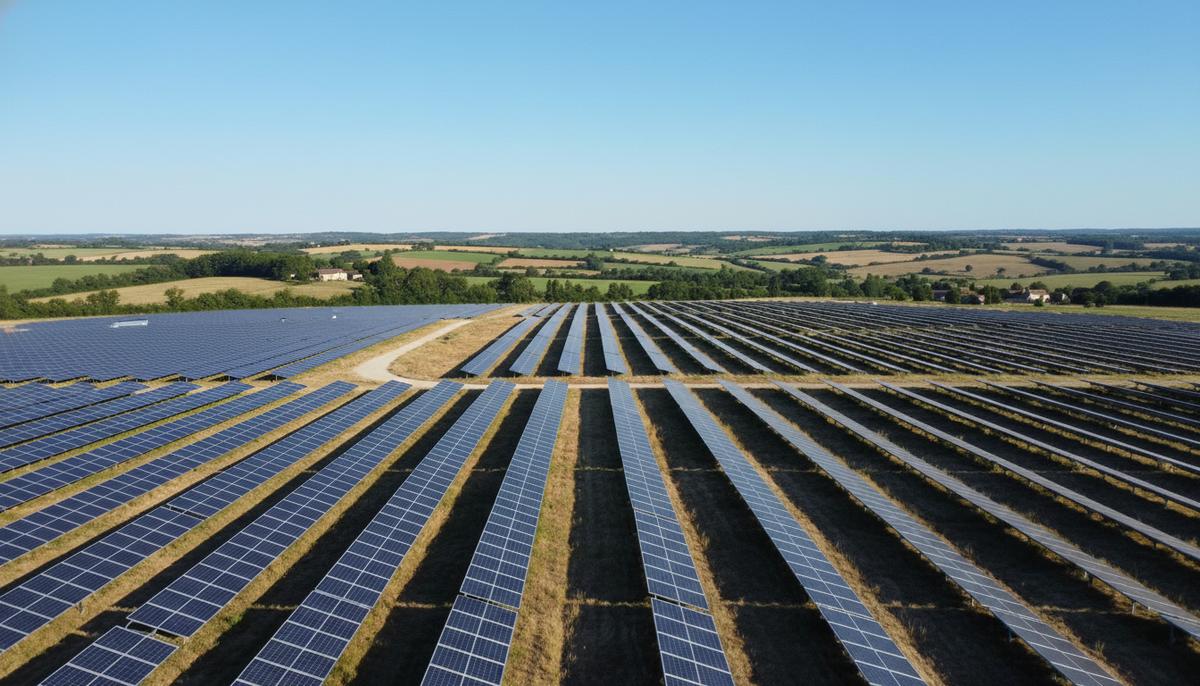 Солнечная электростанция с рядами фотоэлектрических панелей на фоне холмистого пейзажа сельской местности Франции под голубым небом.