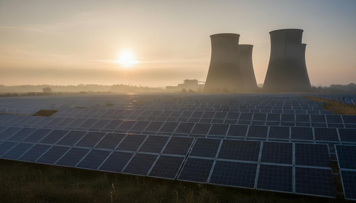 Огромная солнечная электростанция с рядами фотоэлектрических панелей на фоне градирен старой угольной станции на рассвете.