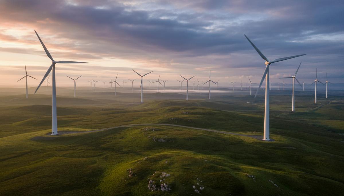 Ветряные турбины наземной электростанции на фоне зеленых холмов и облачного неба Шотландии на рассвете.