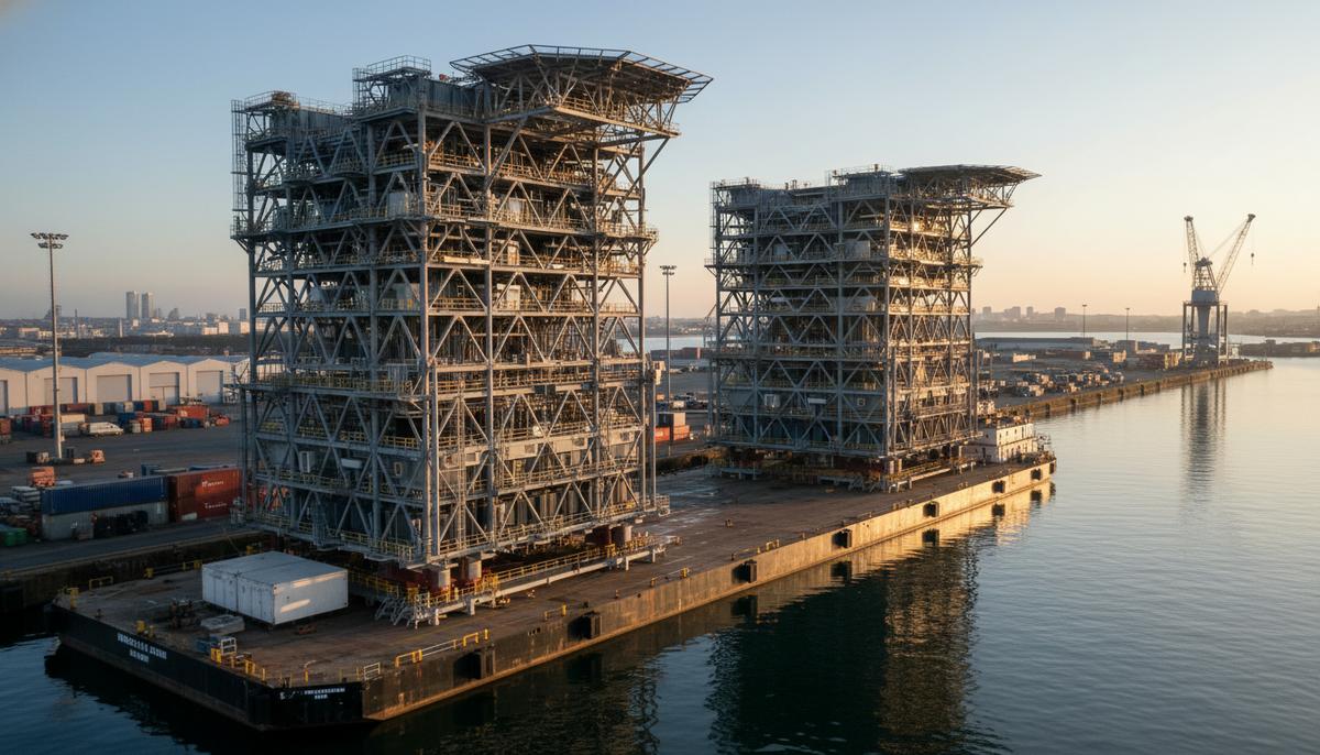 Две массивные морские электрические подстанции на транспортной барже в порту перед отправкой в Северное море.