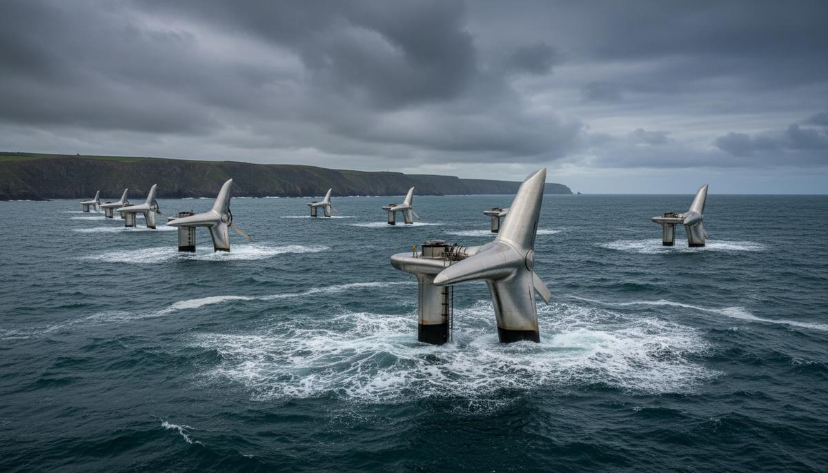 Футуристические турбины приливной электростанции HydroWing в море у скалистого побережья Уэльса в пасмурную погоду.