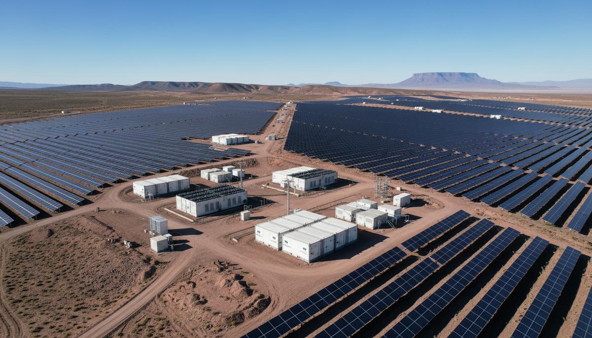 Ряды солнечных панелей на фоне холмистого пейзажа, рядом расположены контейнеры системы накопления энергии.