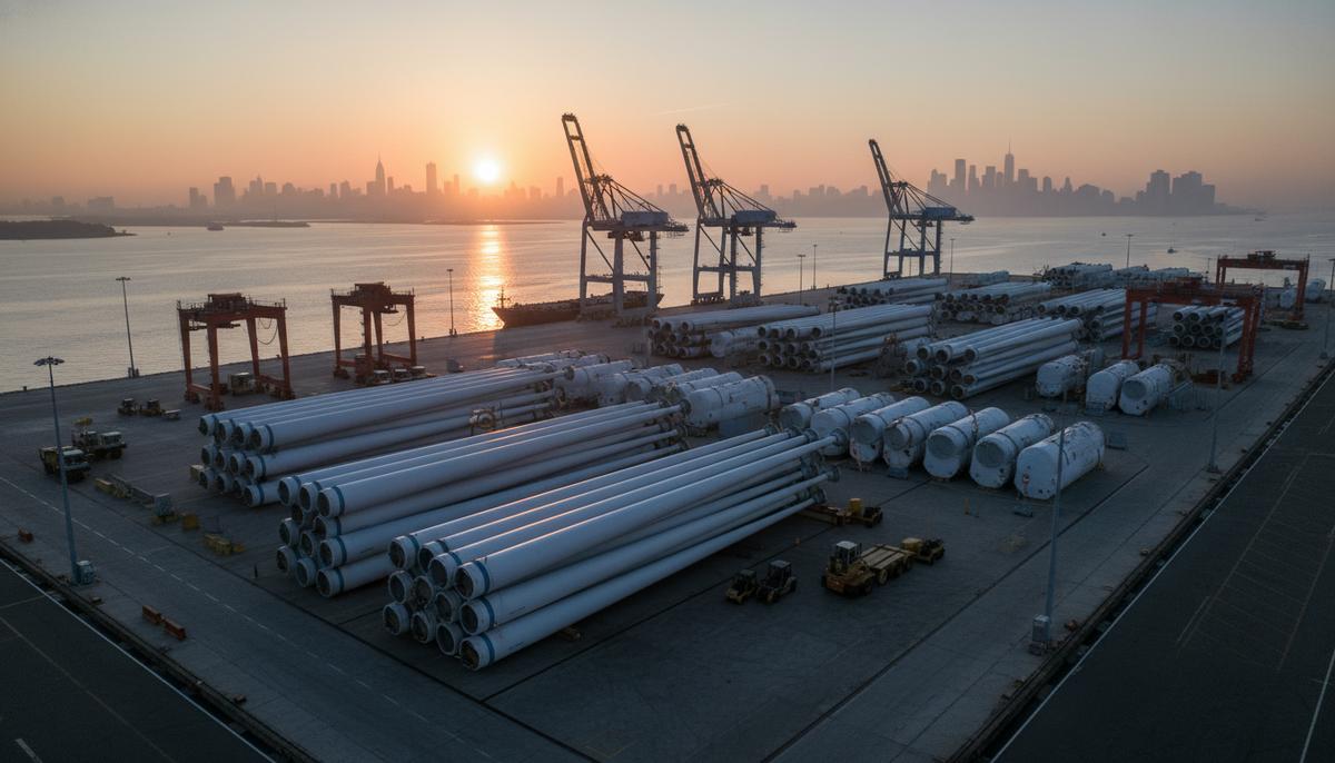 Компоненты морских ветряных турбин – лопасти и гондолы – на причале строящегося портового терминала на рассвете на фоне городского пейзажа.