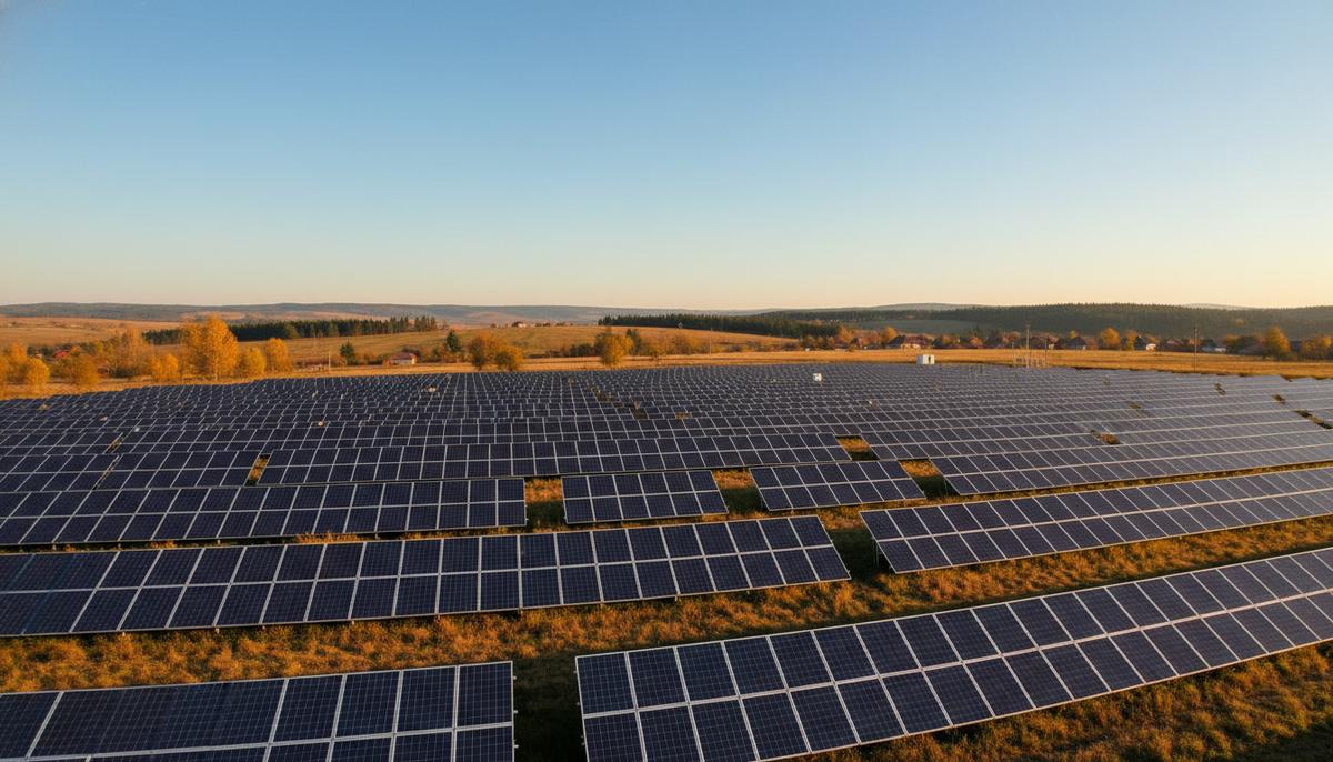 Ряды солнечных панелей на новой электростанции, простирающиеся через поле до самого горизонта в сельской местности Румынии.