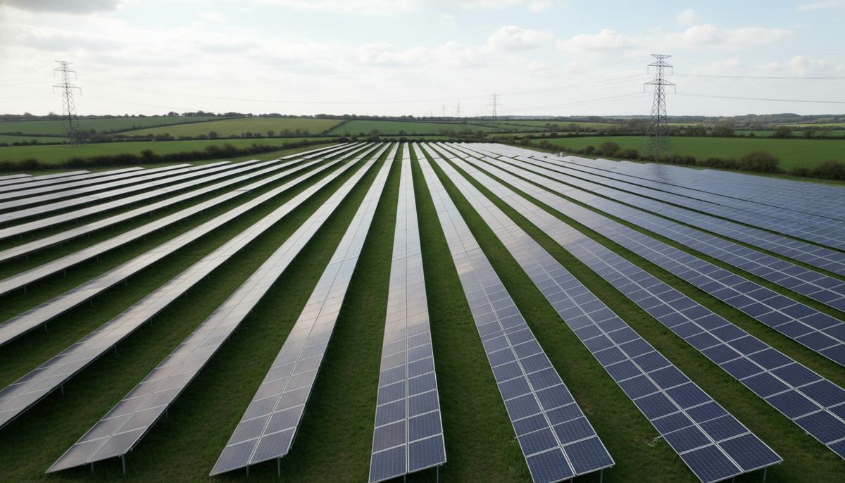 Масштабная солнечная электростанция на фоне зеленых холмов и ЛЭП в сельской местности Великобритании.