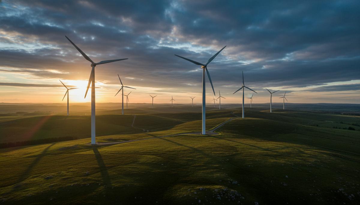 Высокие ветряные турбины наземной электростанции на фоне зеленых холмов и облачного неба в Шотландии.