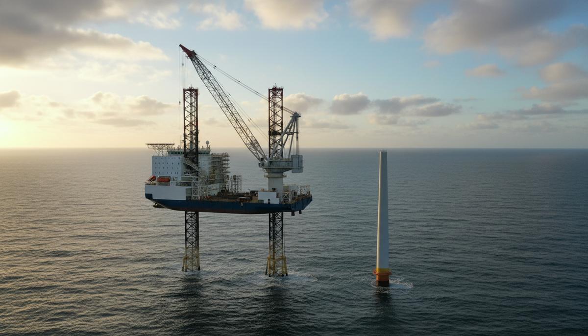 Огромное самоподъемное судно для монтажа ветрогенераторов стоит на опорах в открытом море рядом с основанием морской ветряной турбины.