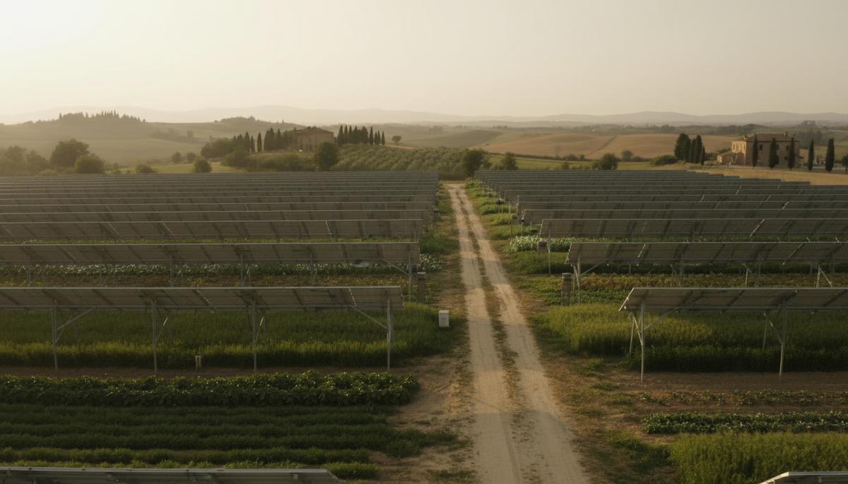 Солнечные панели агрофотоэлектрической станции, установленные над зелеными сельскохозяйственными угодьями в сельской местности Италии.