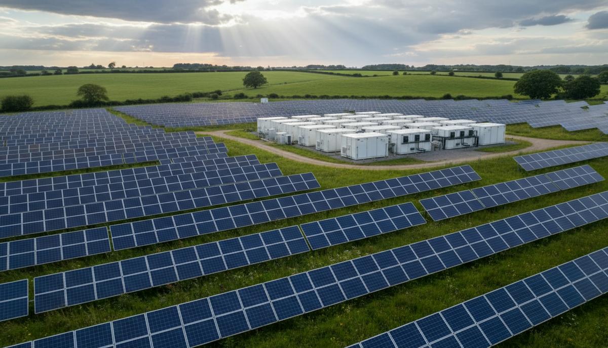Солнечная электростанция с рядами панелей и контейнерами системы хранения энергии на фоне зеленых холмов Великобритании.