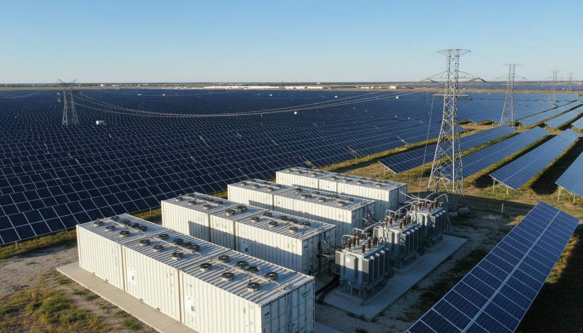 Огромное поле солнечных панелей и современная система хранения энергии в контейнерах на фоне ясного неба.