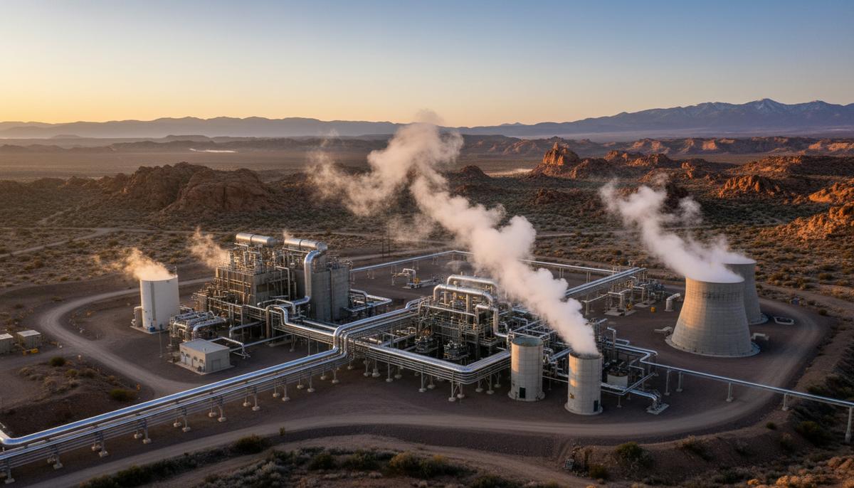 Современная геотермальная электростанция с трубами и градирнями, из которых идет пар, на фоне скалистого пейзажа на рассвете.