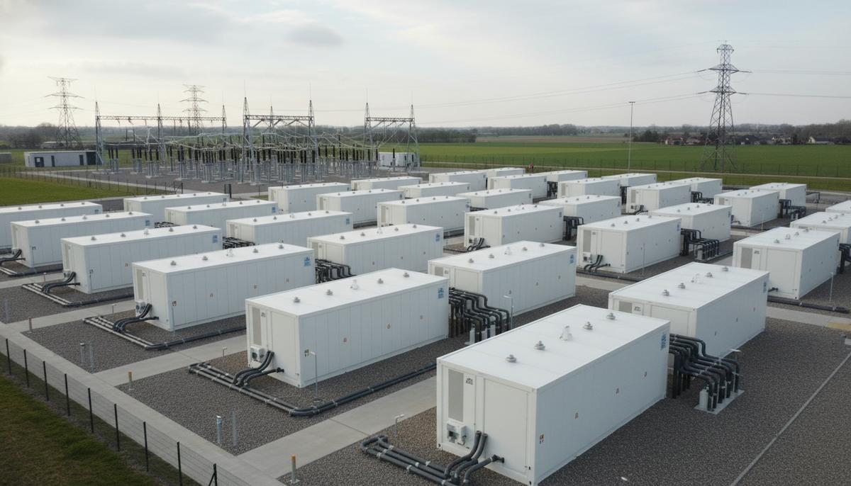 Ряды контейнеров промышленной системы накопления энергии на площадке электростанции с трансформаторами на заднем плане.