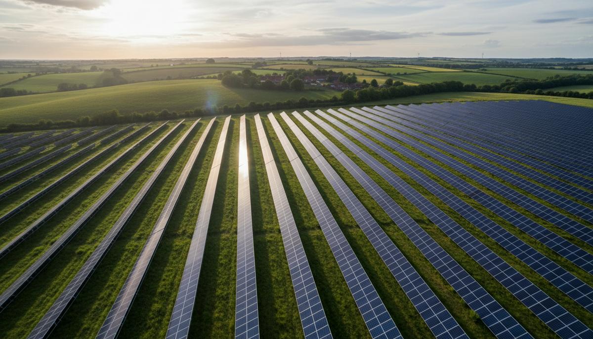 Просторная солнечная электростанция с рядами фотоэлектрических панелей на фоне зеленых холмов и облачного неба в сельской местности.