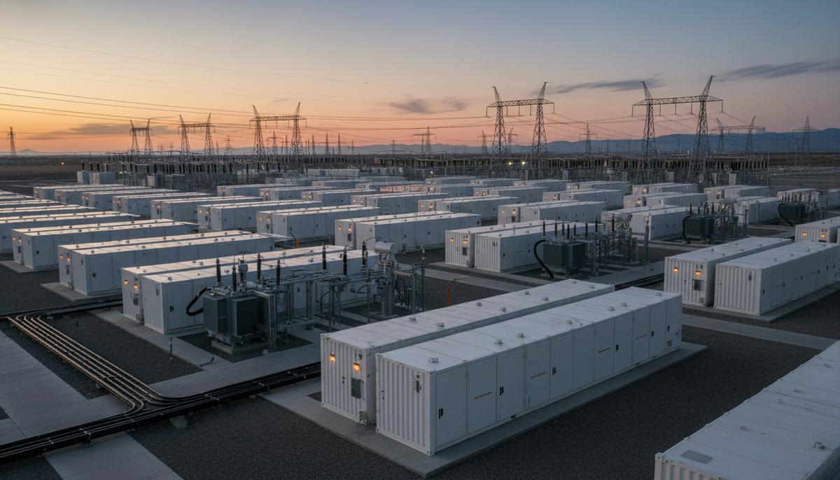 Промышленная система накопления энергии, состоящая из рядов белых контейнерных модулей на открытой площадке в вечернее время.